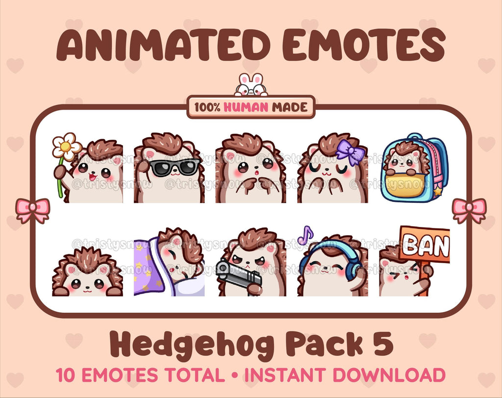 Hedgehog animated Twitch emote pack featuring 10 emotes including flower, cool, plead, and lurk.