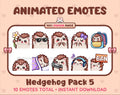 Hedgehog animated Twitch emote pack featuring 10 emotes including flower, cool, plead, and lurk.