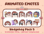 Hedgehog animated Twitch emote pack featuring 10 emotes including flower, cool, plead, and lurk.