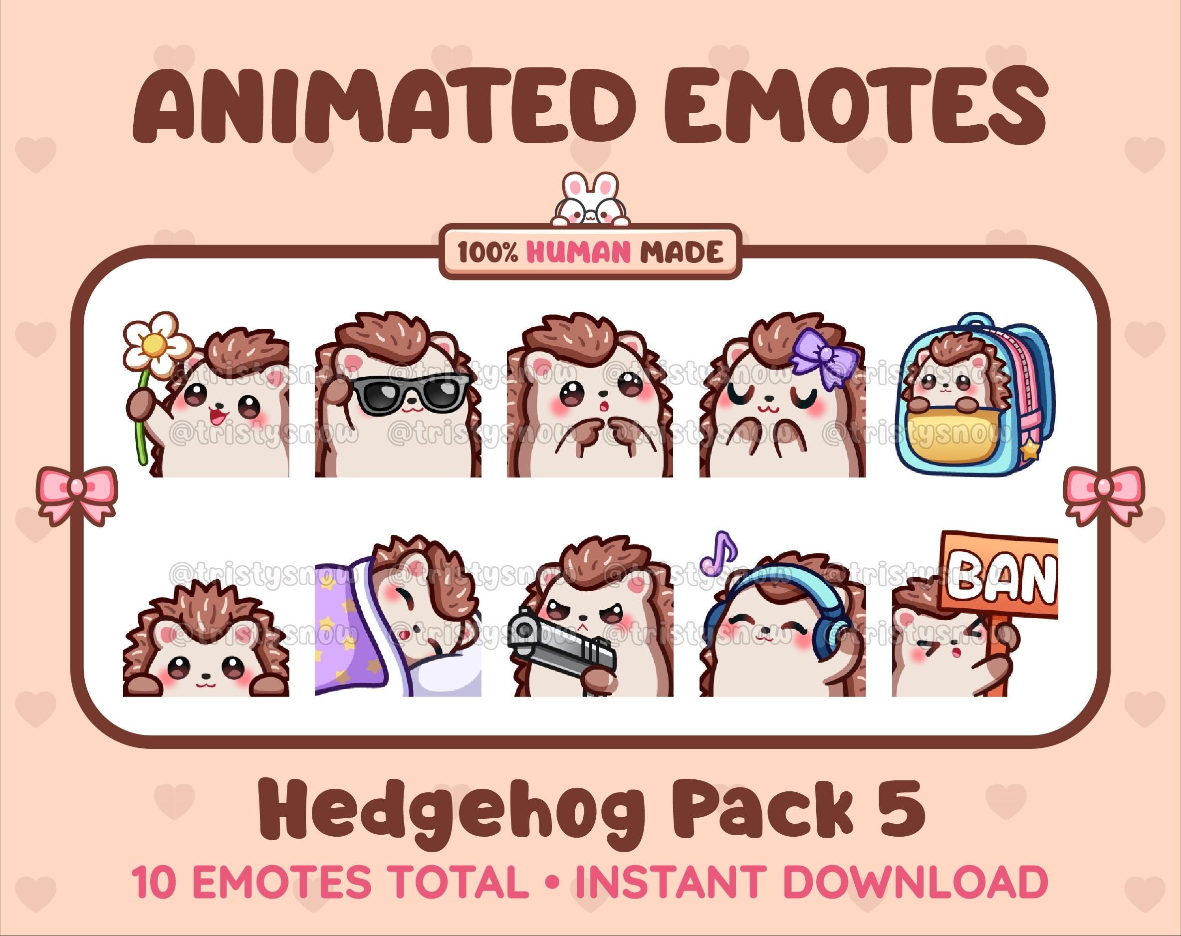 Hedgehog animated Twitch emote pack featuring 10 emotes including flower, cool, plead, and lurk.