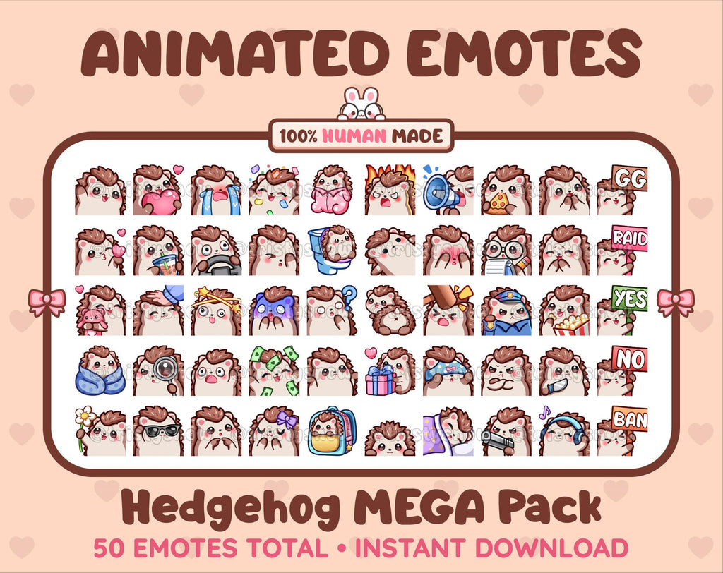 Hedgehog animated Twitch emote mega pack featuring 50 emotes including hype, kiss, raid, and lurk.