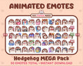 Hedgehog animated Twitch emote mega pack featuring 50 emotes including hype, kiss, raid, and lurk.
