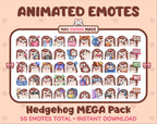 Hedgehog animated Twitch emote mega pack featuring 50 emotes including hype, kiss, raid, and lurk.