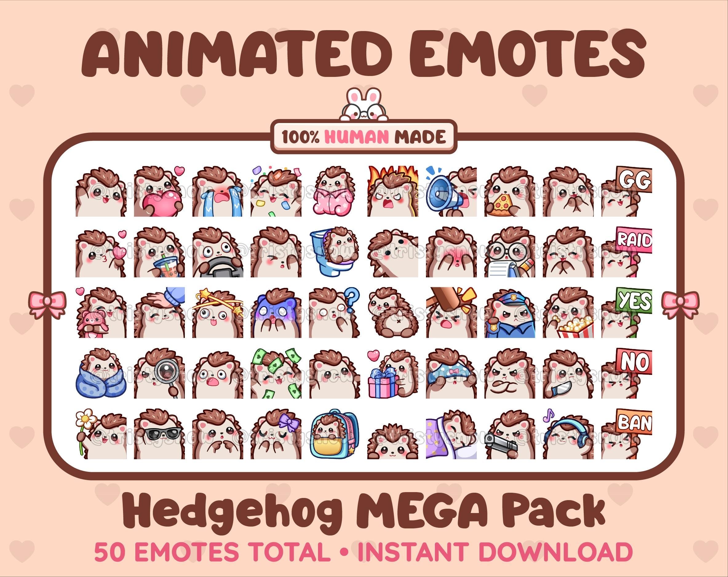 Hedgehog animated Twitch emote mega pack featuring 50 emotes including hype, kiss, raid, and lurk.