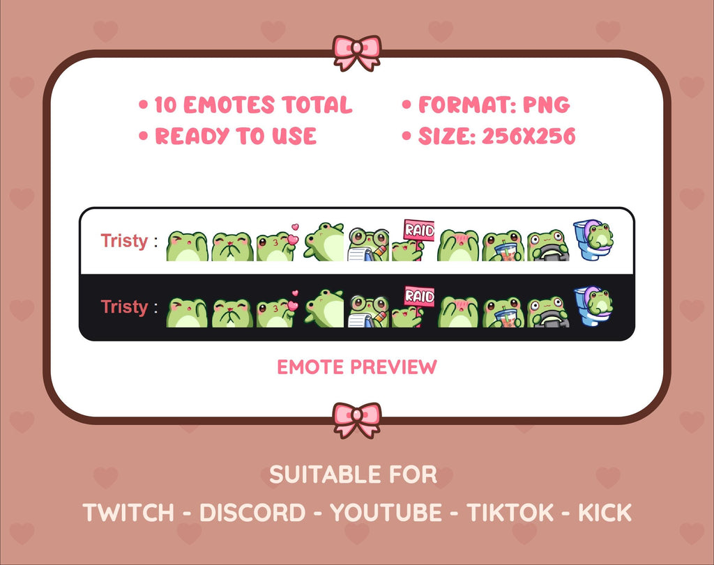 Frog Twitch emote pack preview displaying all 10 emotes with format and size information.