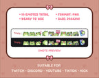 Frog Twitch emote pack preview displaying all 10 emotes with format and size information.