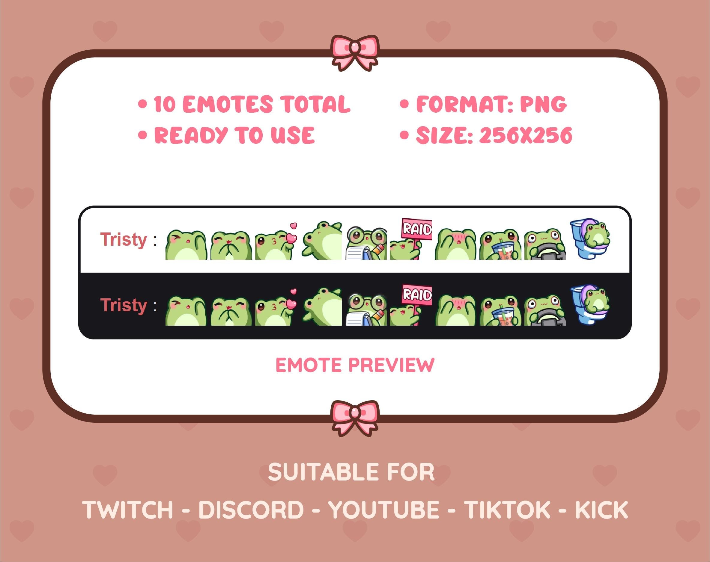 Frog Twitch emote pack preview displaying all 10 emotes with format and size information.