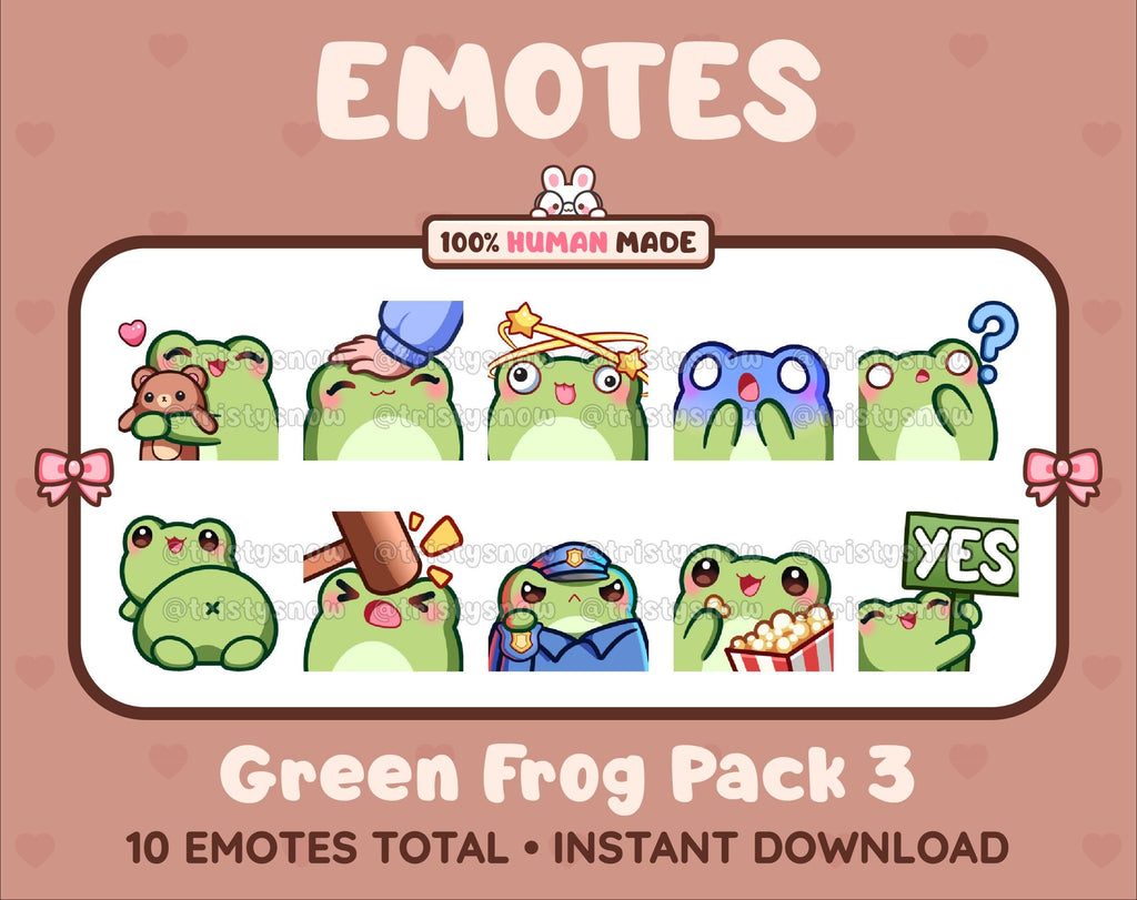 Frog Twitch emote pack featuring 10 emotes including hug, scared, bonk, and popcorn.