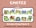 Frog Twitch emote pack featuring 10 emotes including hug, scared, bonk, and popcorn.