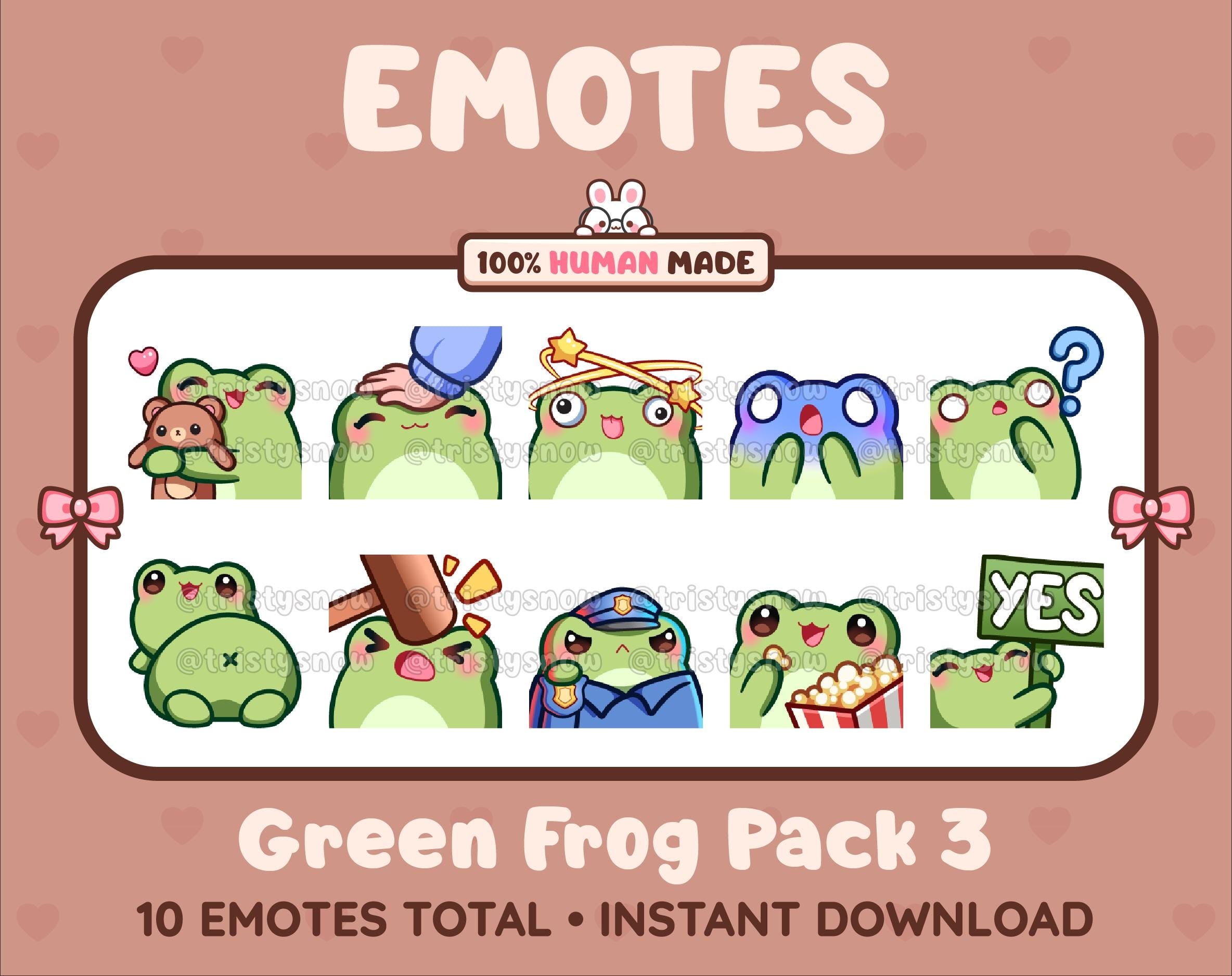 Frog Twitch emote pack featuring 10 emotes including hug, scared, bonk, and popcorn.