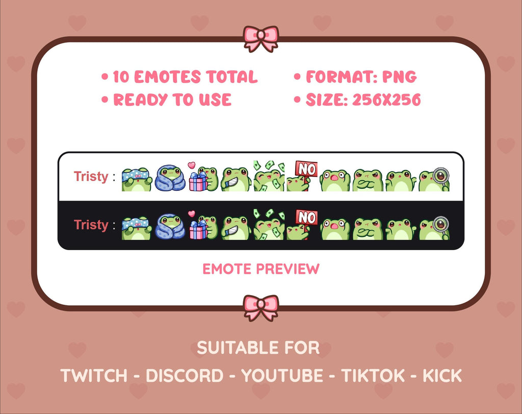 Frog Twitch emote pack preview displaying all 10 emotes with format and size information.