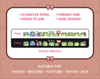 Frog Twitch emote pack preview displaying all 10 emotes with format and size information.