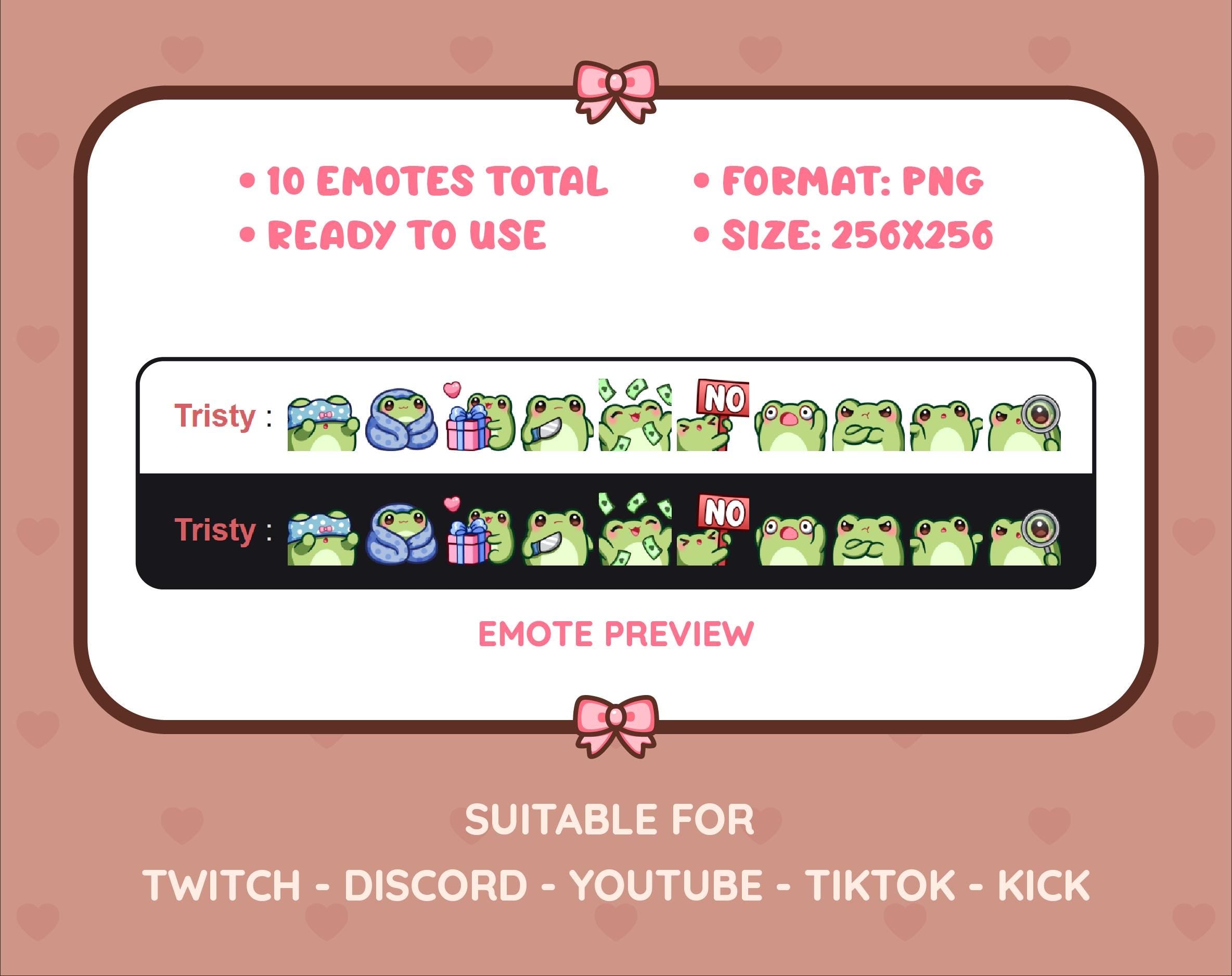 Frog Twitch emote pack preview displaying all 10 emotes with format and size information.