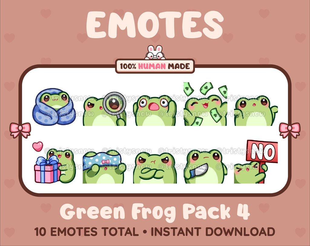 Frog Twitch emote pack featuring 10 emotes including cozy, sus, panic, and shrug.