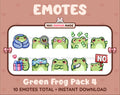 Frog Twitch emote pack featuring 10 emotes including cozy, sus, panic, and shrug.