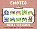 Frog Twitch emote pack featuring 10 emotes including cozy, sus, panic, and shrug.