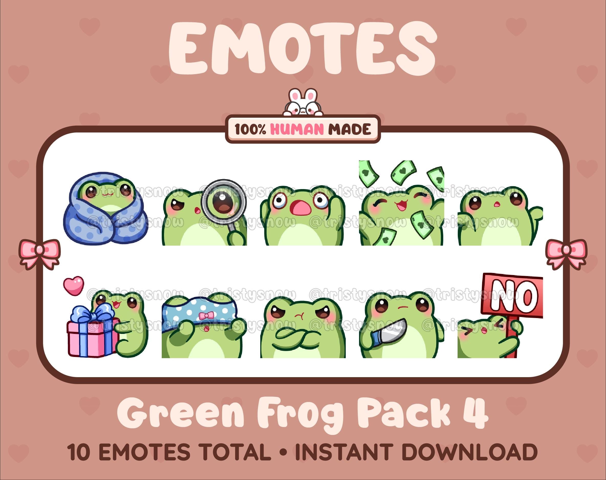 Frog Twitch emote pack featuring 10 emotes including cozy, sus, panic, and shrug.