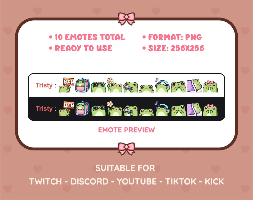 Frog Twitch emote pack preview displaying all 10 emotes with format and size information.