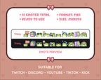Frog Twitch emote pack preview displaying all 10 emotes with format and size information.
