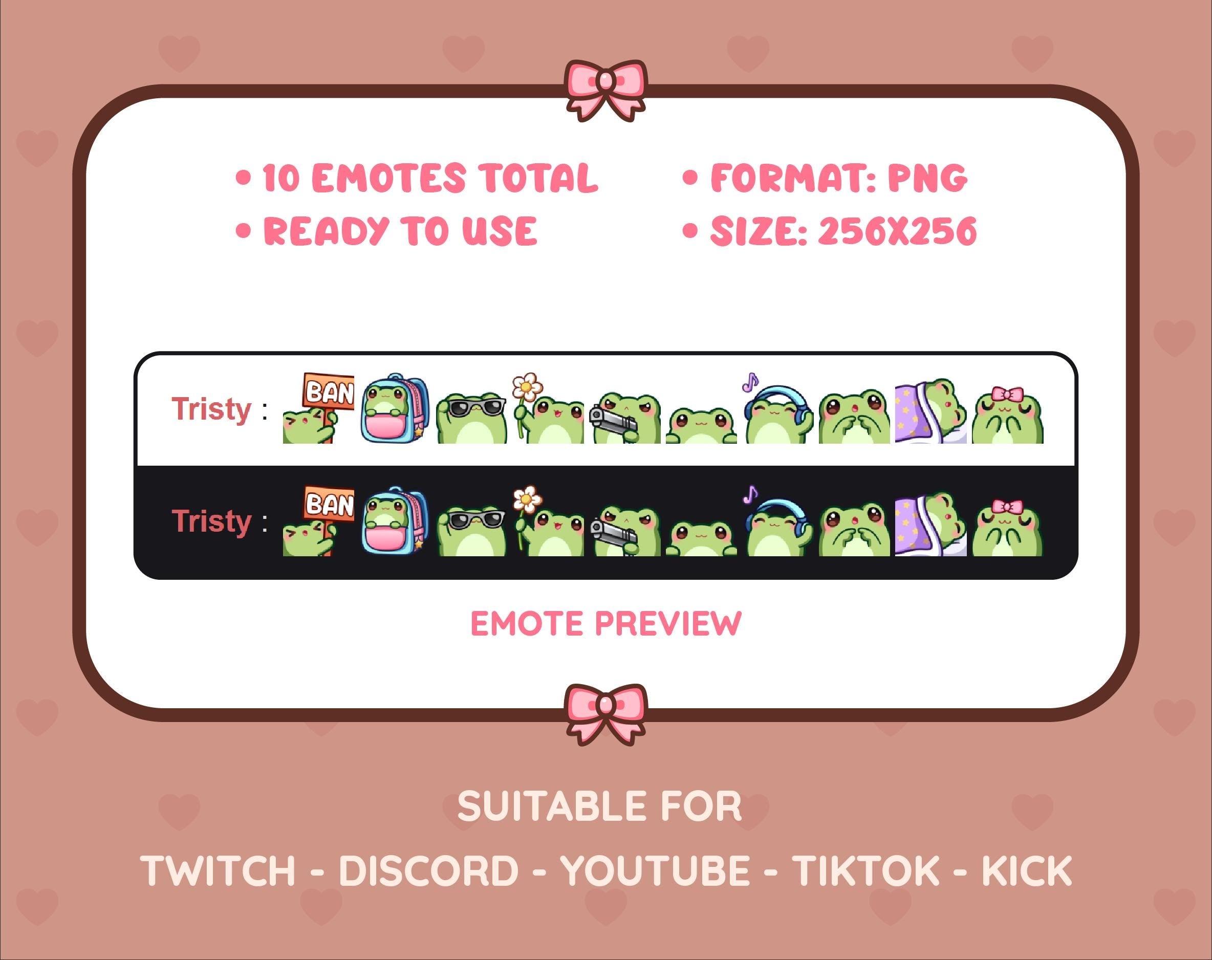 Frog Twitch emote pack preview displaying all 10 emotes with format and size information.
