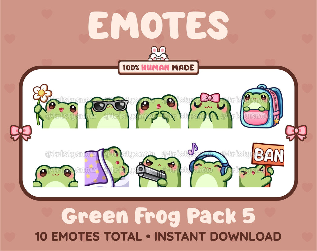 Frog Twitch emote pack featuring 10 emotes including flower, cool, plead, and lurk.