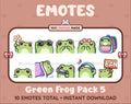 Frog Twitch emote pack featuring 10 emotes including flower, cool, plead, and lurk.