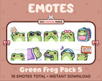 Frog Twitch emote pack featuring 10 emotes including flower, cool, plead, and lurk.