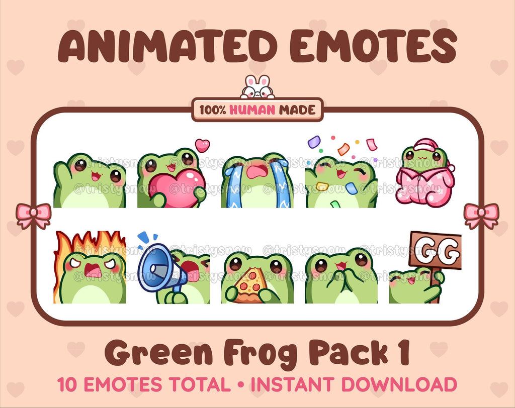 Frog animated Twitch emote pack featuring 10 emotes including GG, angry, cry, and hype.