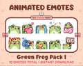 Frog animated Twitch emote pack featuring 10 emotes including GG, angry, cry, and hype.