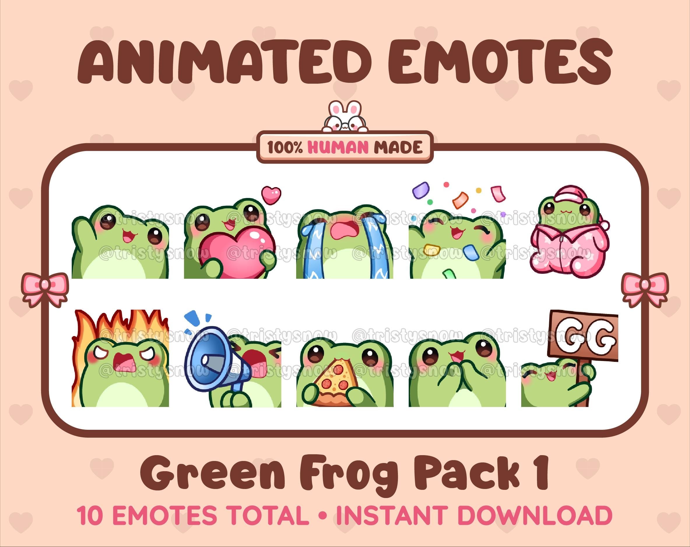 Frog animated Twitch emote pack featuring 10 emotes including GG, angry, cry, and hype.
