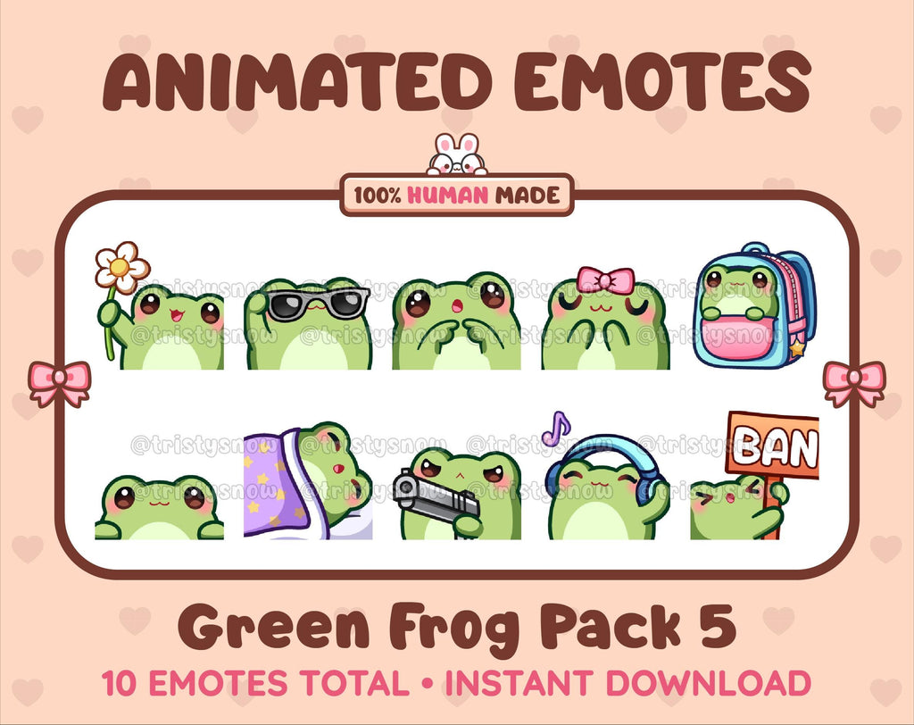Frog animated Twitch emote pack featuring 10 emotes including flower, cool, plead, and lurk.