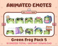 Frog animated Twitch emote pack featuring 10 emotes including flower, cool, plead, and lurk.