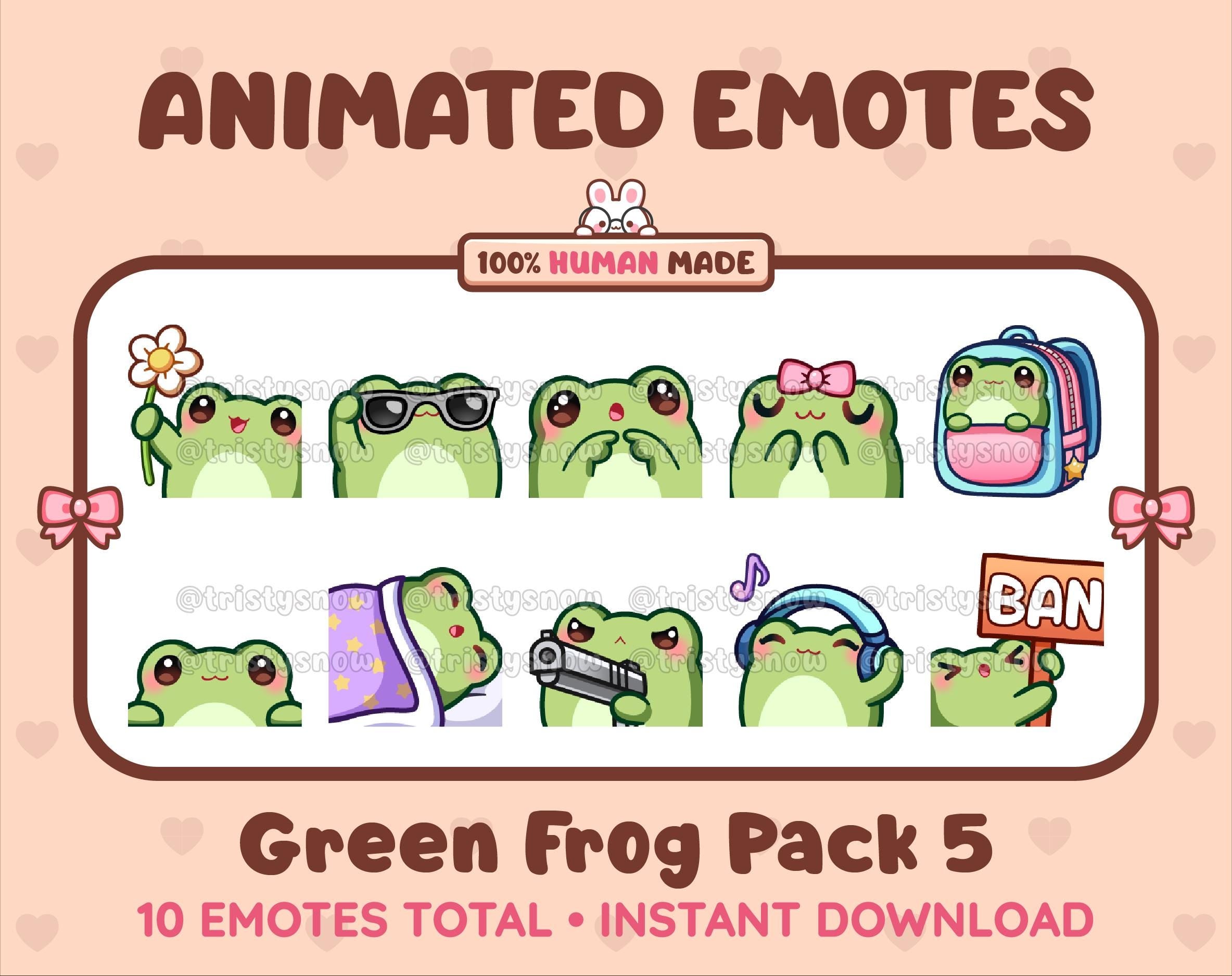 Frog animated Twitch emote pack featuring 10 emotes including flower, cool, plead, and lurk.