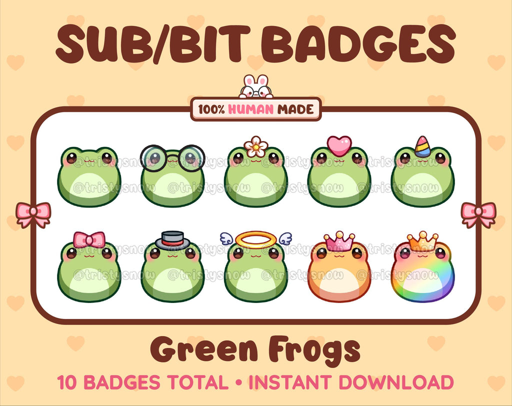Green Frog Twitch sub badge pack featuring 10 subscriber badges with progressive addon elements.