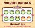 Green Frog Twitch sub badge pack featuring 10 subscriber badges with progressive addon elements.