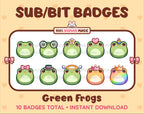 Green Frog Twitch sub badge pack featuring 10 subscriber badges with progressive addon elements.