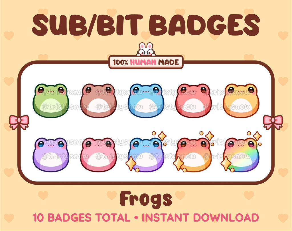 Frog Twitch sub badge pack featuring 10 subscriber badges in multiple color variations.