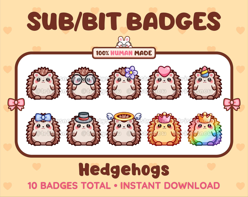 Hedgehog Twitch sub badge pack featuring 10 subscriber badges with progressive addon elements.
