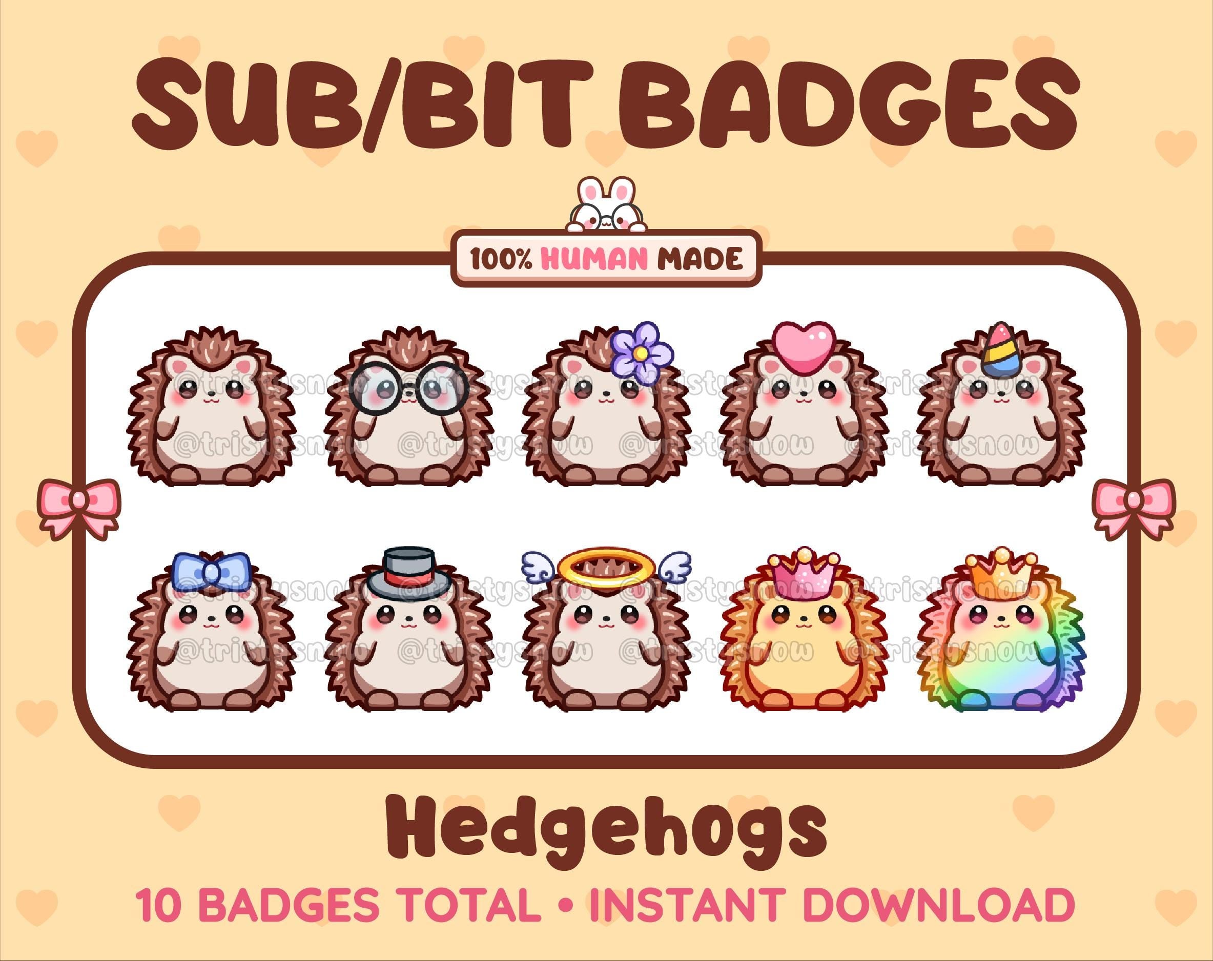 Hedgehog Twitch sub badge pack featuring 10 subscriber badges with progressive addon elements.
