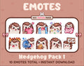 Hedgehog Twitch emote pack featuring 10 emotes including GG, angry, cry, and hype.