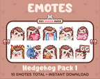 Hedgehog Twitch emote pack featuring 10 emotes including GG, angry, cry, and hype.