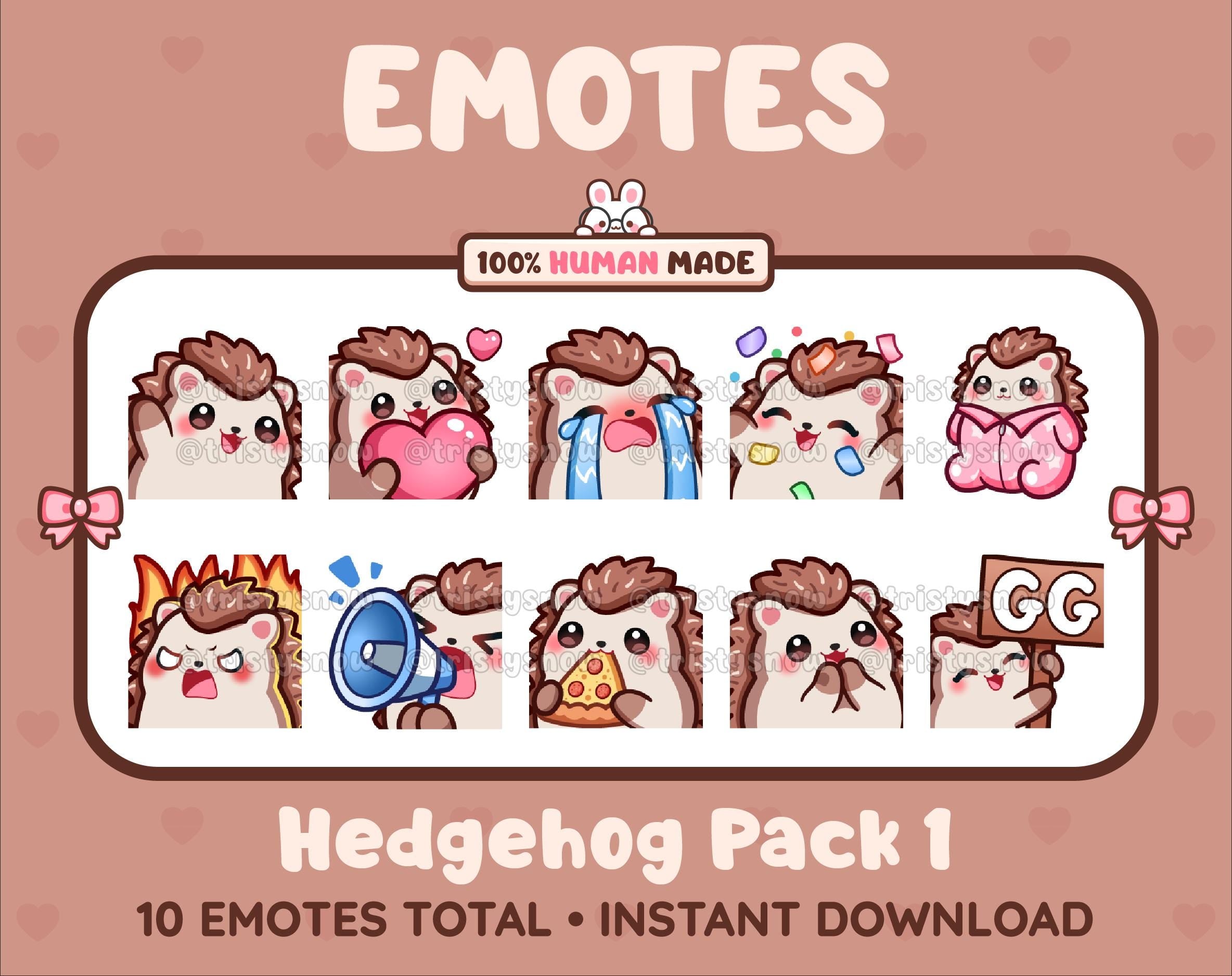 Hedgehog Twitch emote pack featuring 10 emotes including GG, angry, cry, and hype.