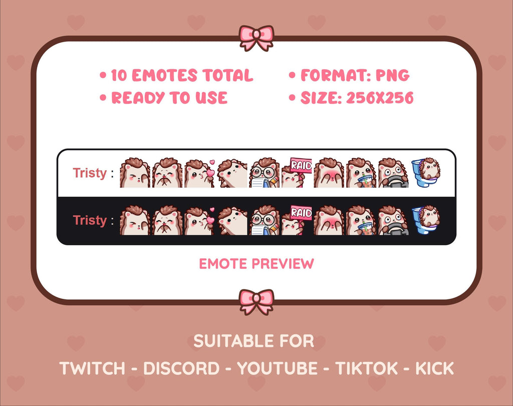Hedgehog Twitch emote pack preview displaying all 10 emotes with format and size information.