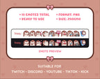 Hedgehog Twitch emote pack preview displaying all 10 emotes with format and size information.