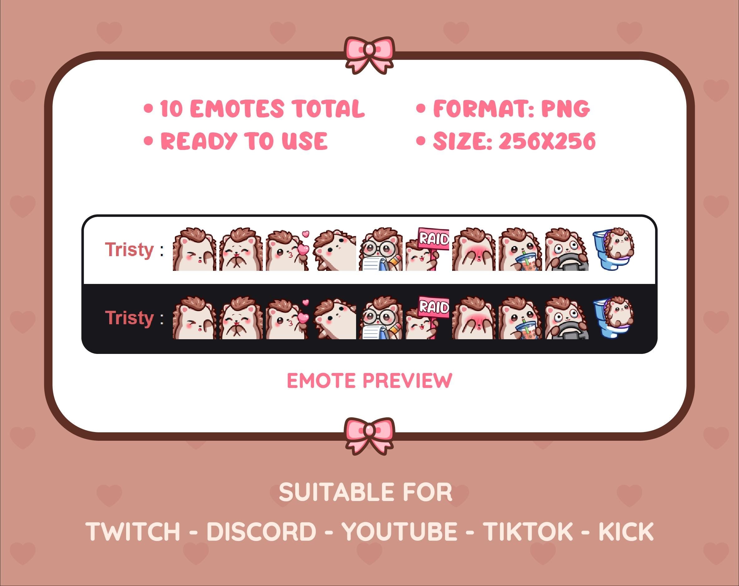 Hedgehog Twitch emote pack preview displaying all 10 emotes with format and size information.