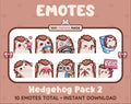 Hedgehog Twitch emote pack featuring 10 emotes including kiss, facepalm, shy, and raid.