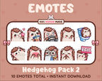 Hedgehog Twitch emote pack featuring 10 emotes including kiss, facepalm, shy, and raid.