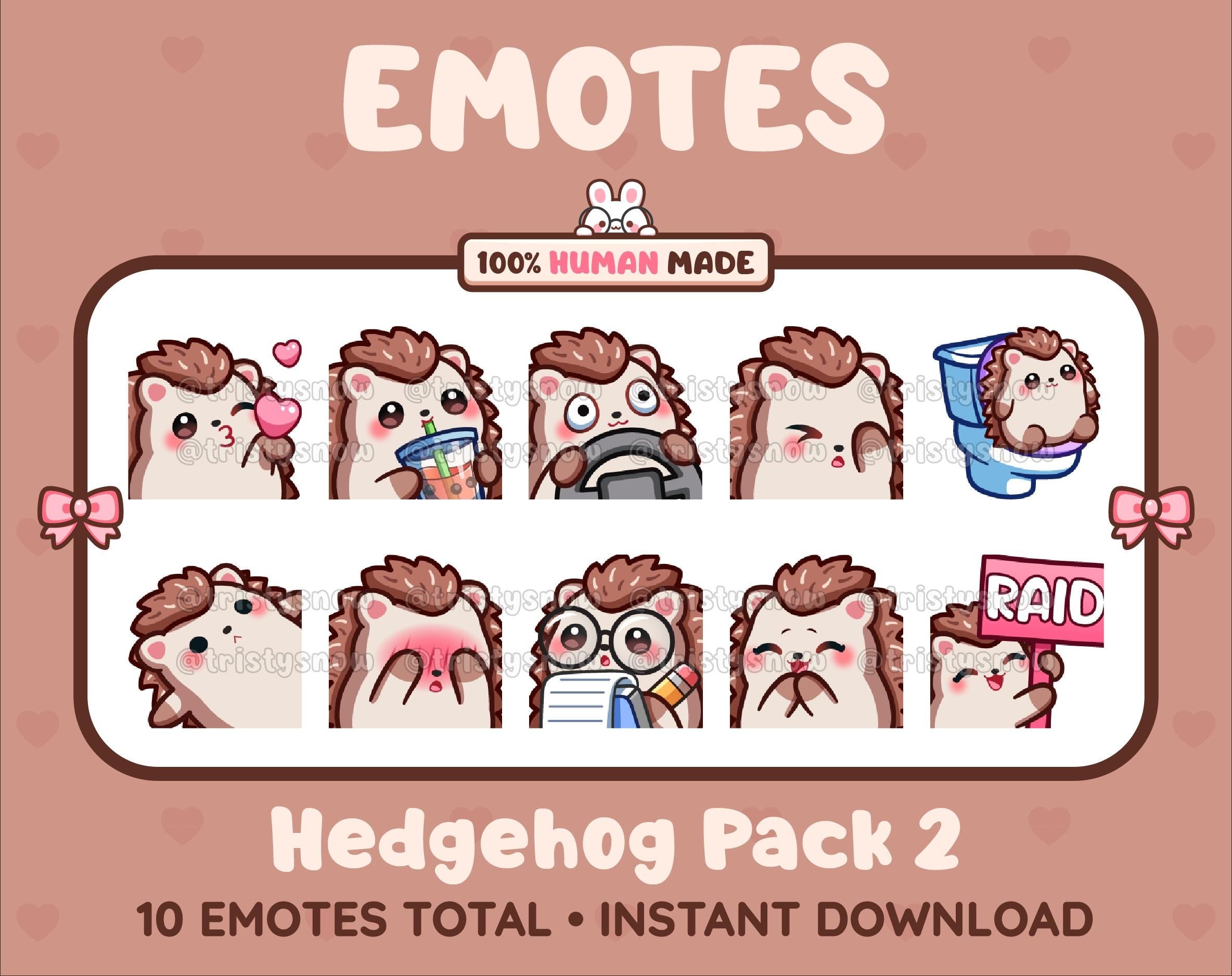 Hedgehog Twitch emote pack featuring 10 emotes including kiss, facepalm, shy, and raid.