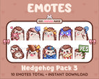 Hedgehog Twitch emote pack featuring 10 emotes including hug, scared, bonk, and popcorn.