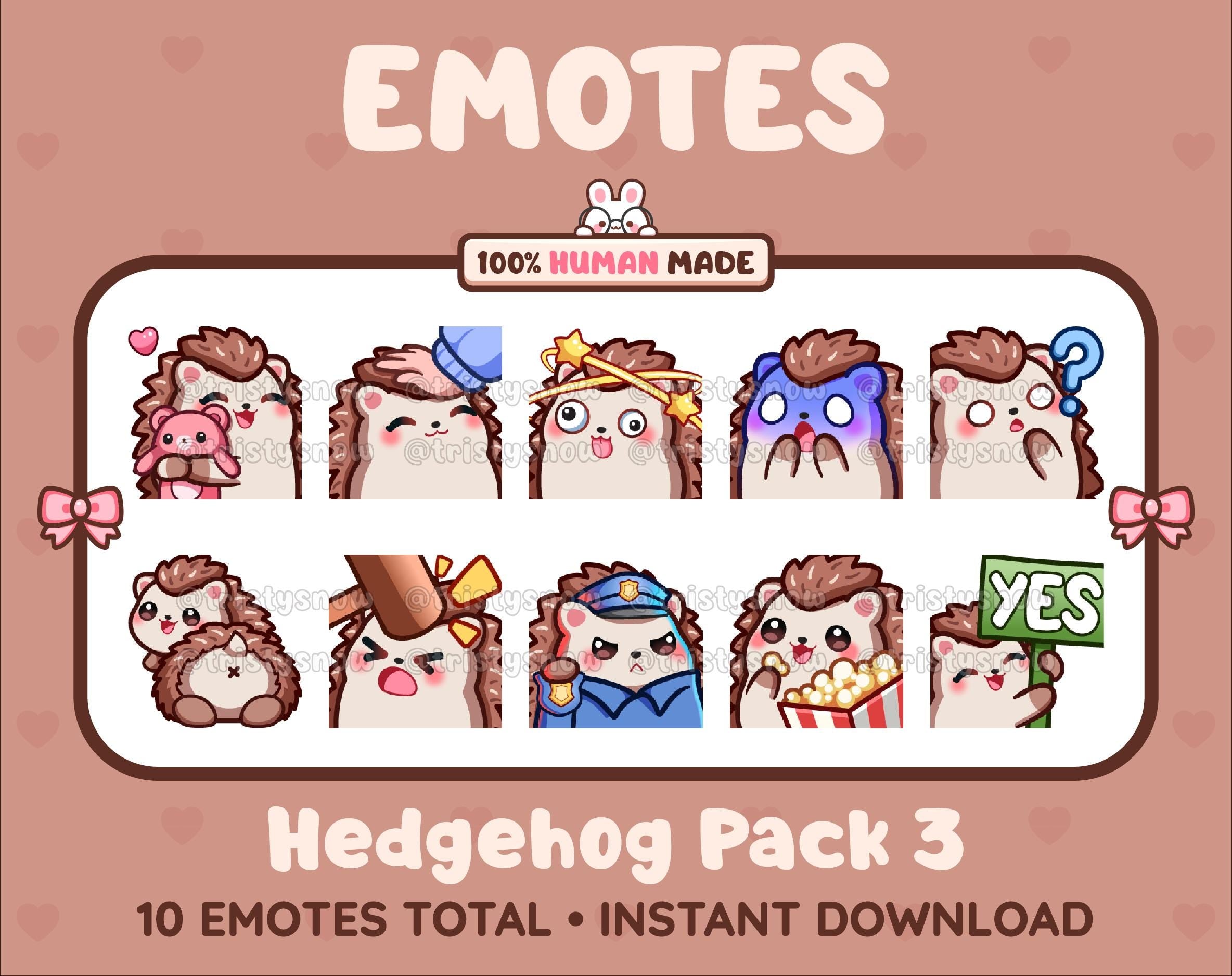 Hedgehog Twitch emote pack featuring 10 emotes including hug, scared, bonk, and popcorn.